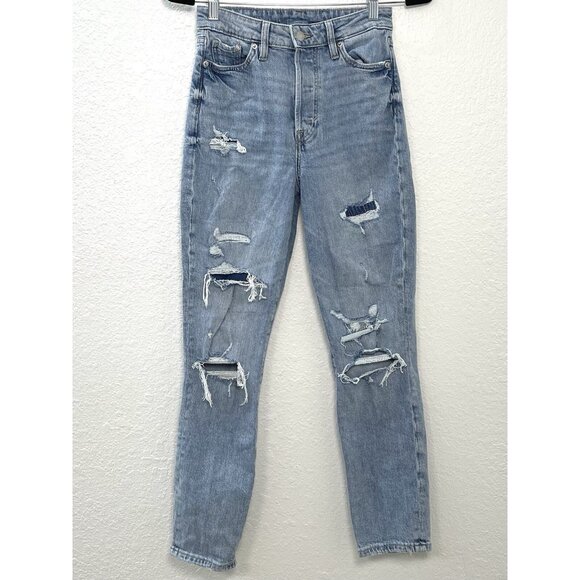 H&M &Denim Womens SIZE 2 Light Wash Mom JEANS Ultra High Waist Distressed EUC - Picture 1 of 7
